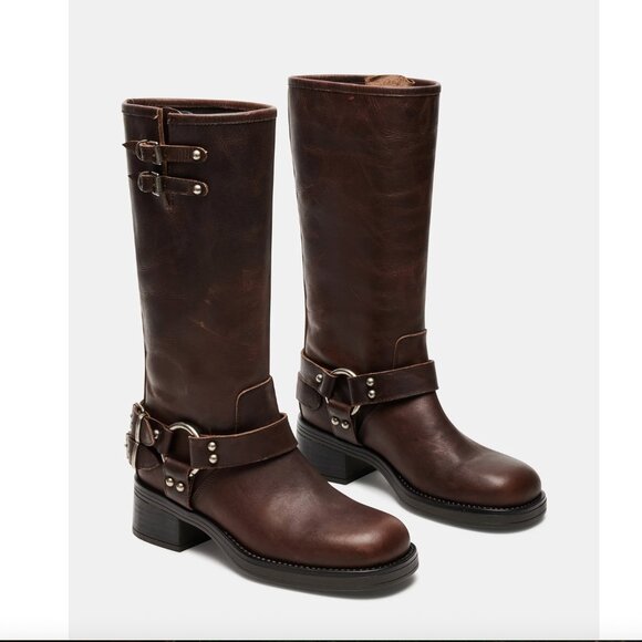Pre-Loved STEVE MADDEN Astor Brown Leather Biker Boots - Size 6.5 US - Picture 1 of 10